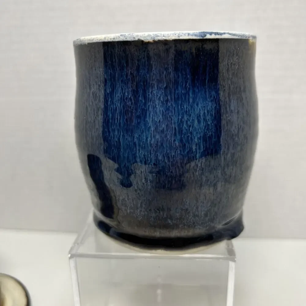 Studio Pottery Artisan French Style Butter Bell Crock Blue Drip Glaze Signed